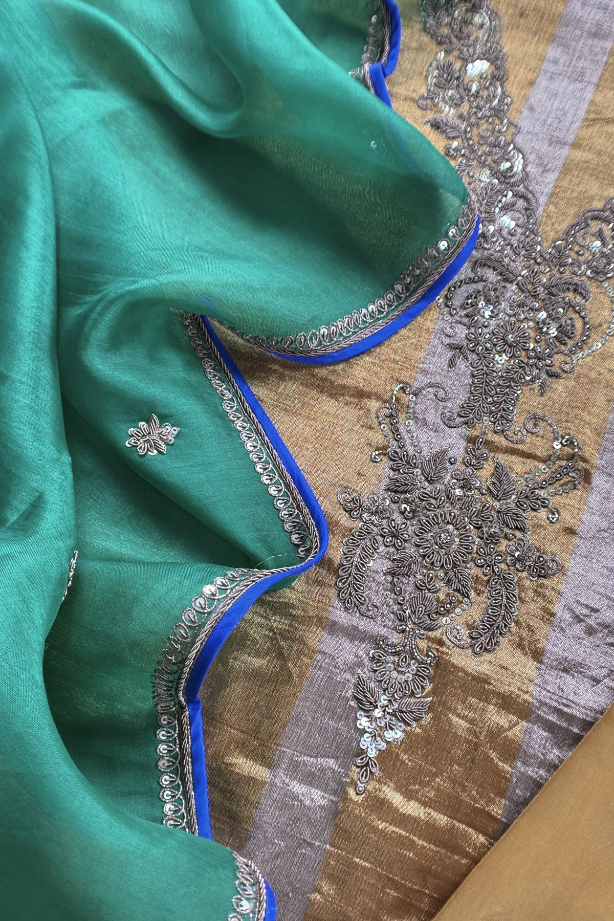 Sliver And Gold Handloom Tissue Silk Suit With Ombre Dupatta
