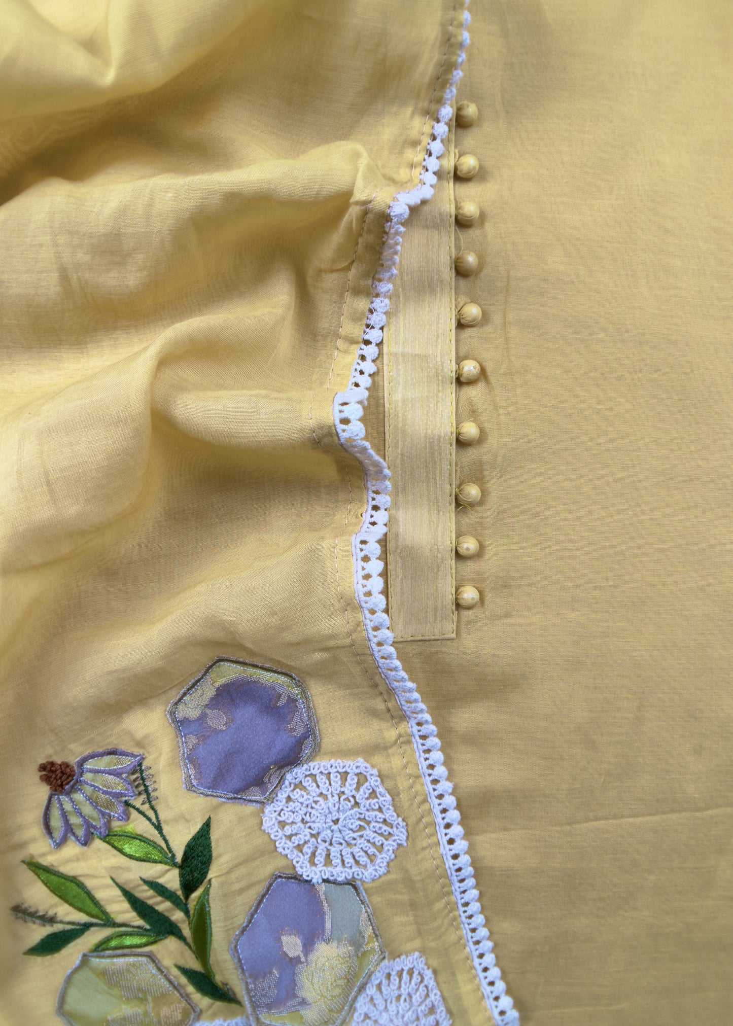 Light Yellow Mul Summer Suit With Appliqué Work