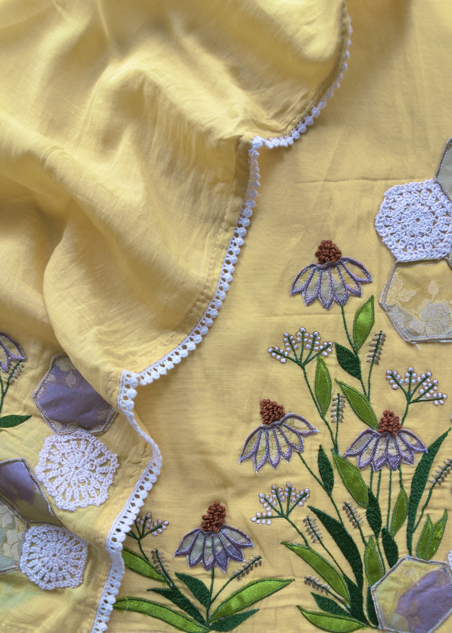 Light Yellow Mul Summer Suit With Appliqué Work