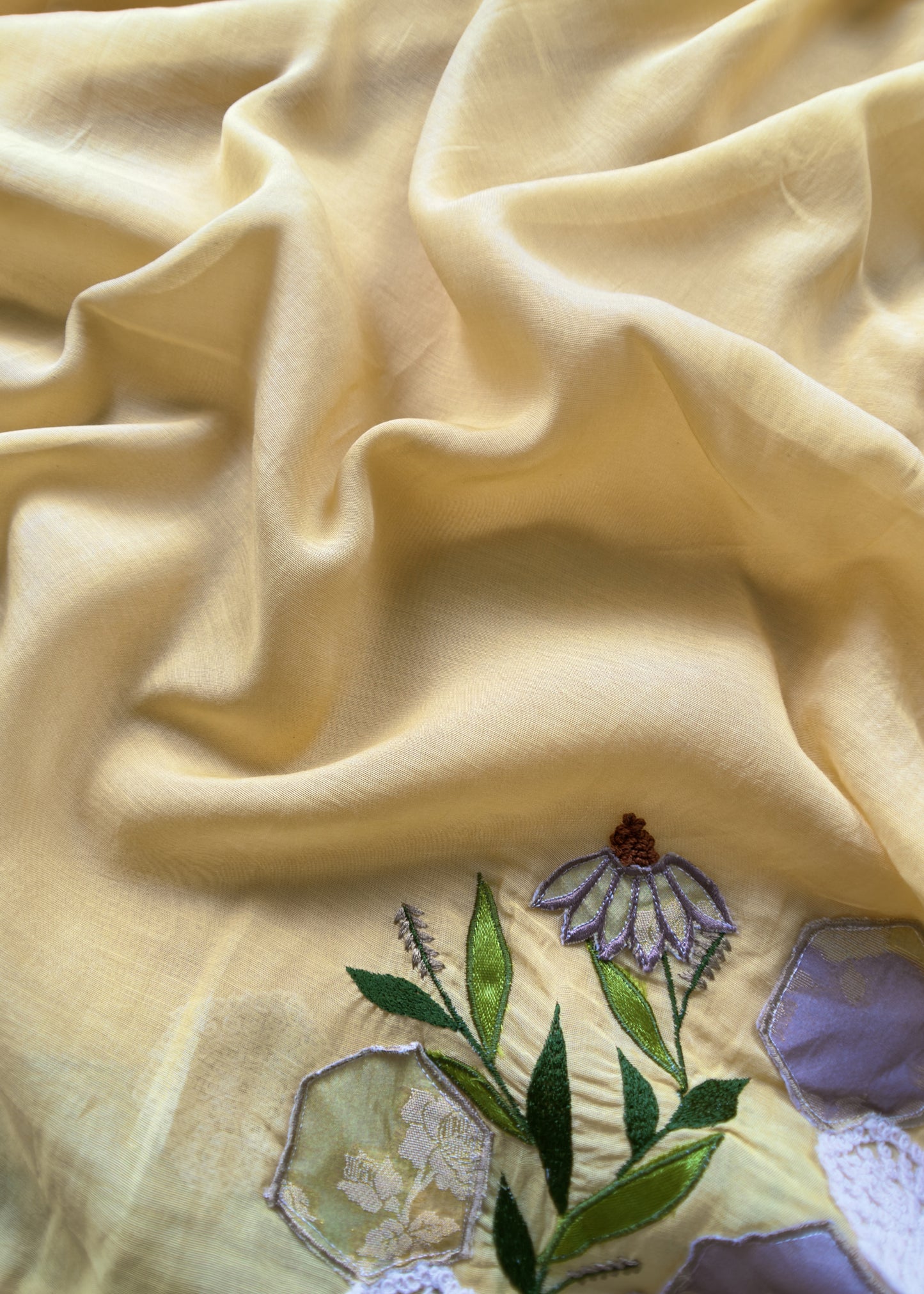 Light Yellow Mul Summer Suit With Appliqué Work