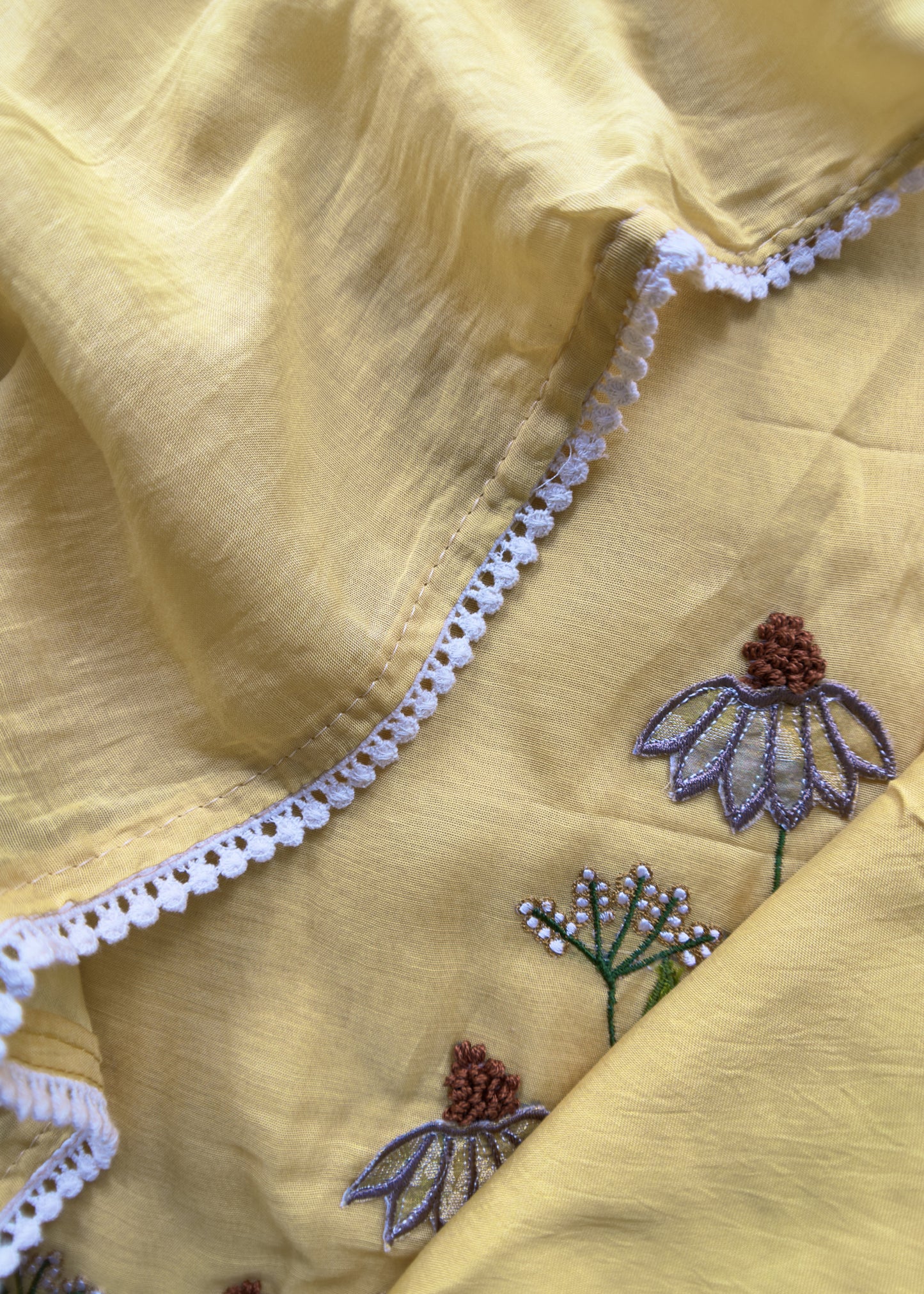 Light Yellow Mul Summer Suit With Appliqué Work