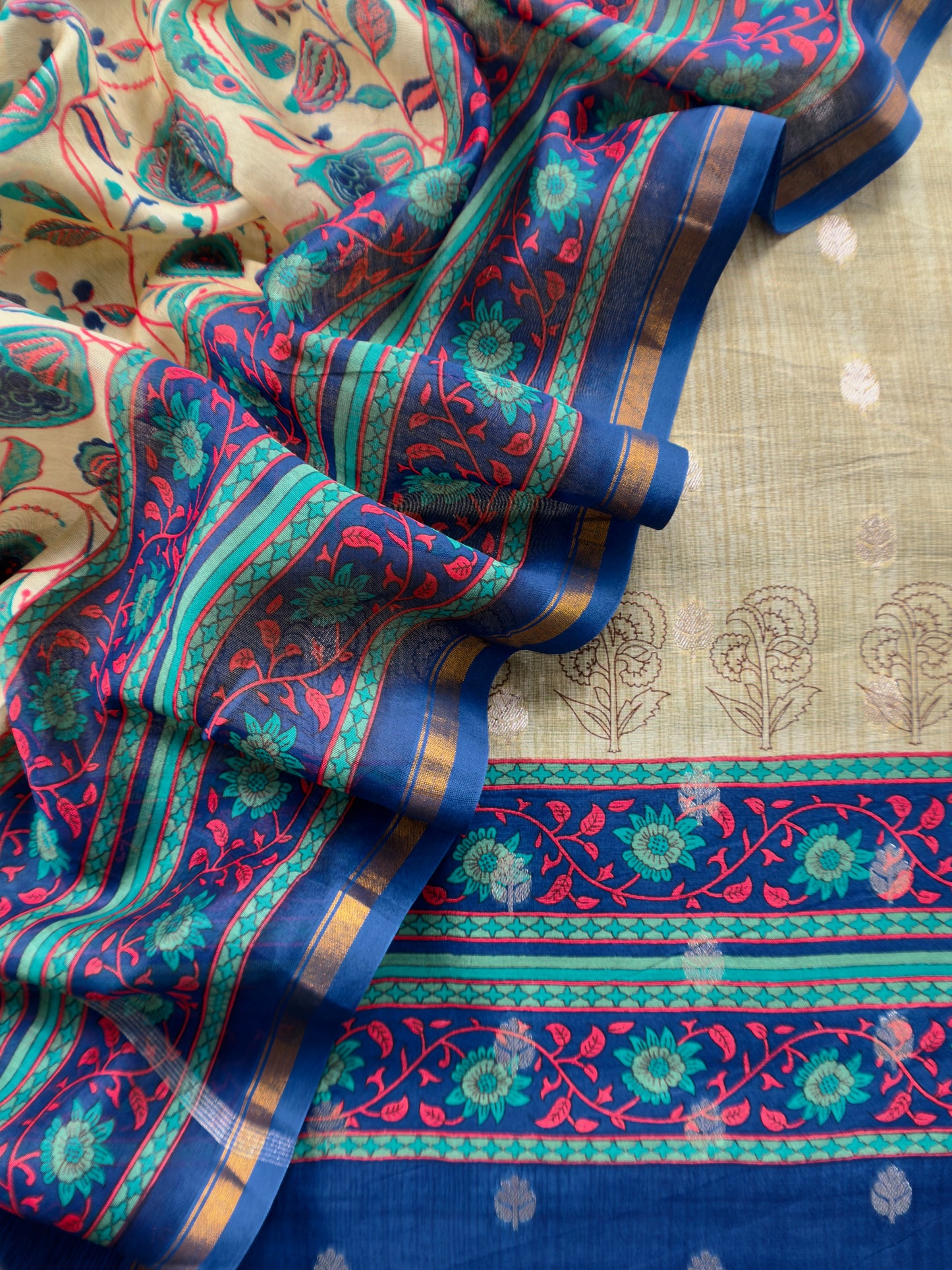 Beige And Blue Pure Maheshwari Silk Unstitched Suit Fabric With Banarasi Bootis And Kalamkari Print