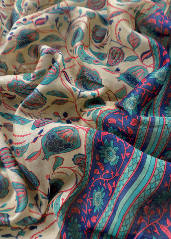 Beige And Blue Pure Maheshwari Silk Unstitched Suit Fabric With Banarasi Bootis And Kalamkari Print