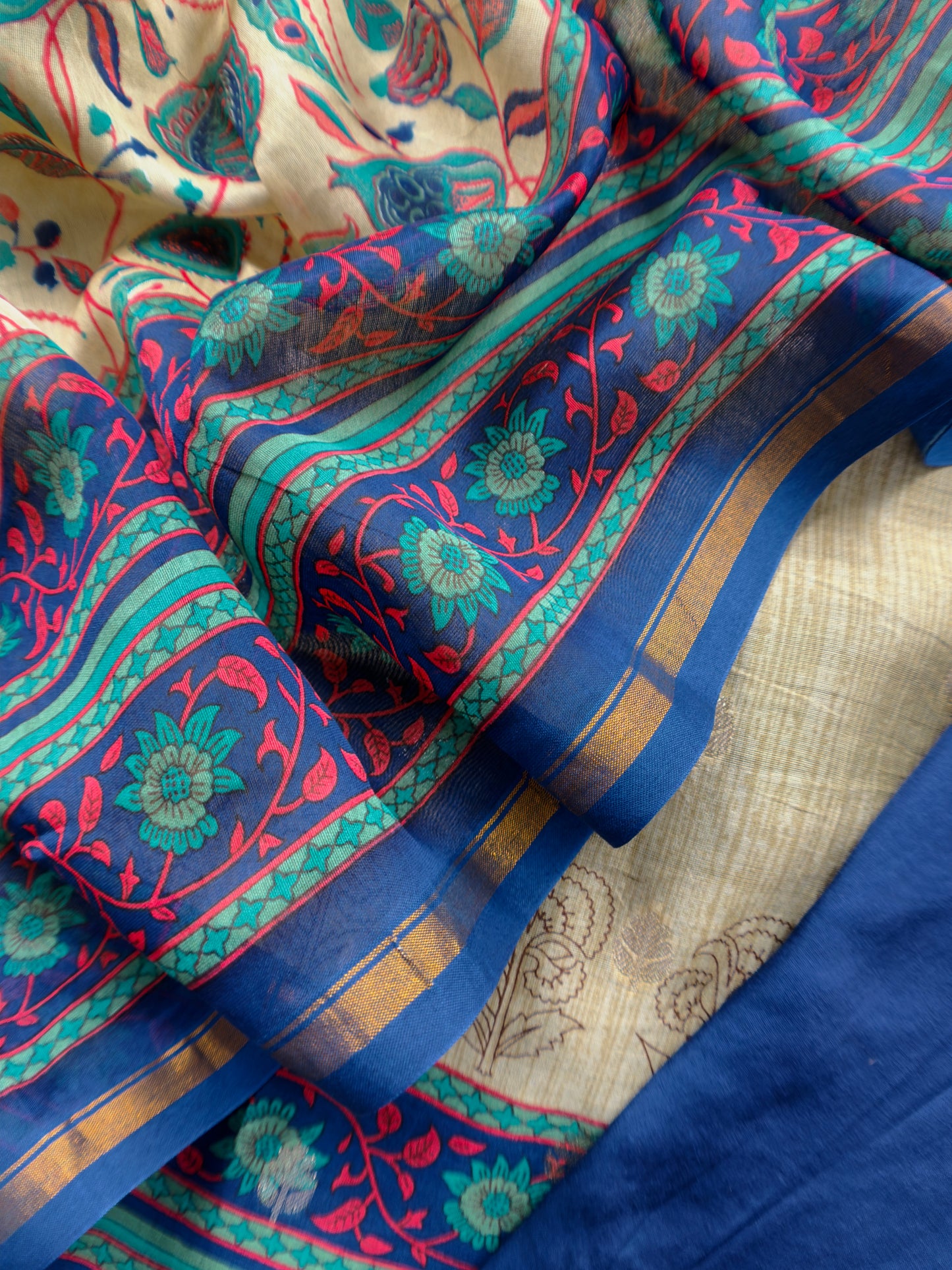 Beige And Blue Pure Maheshwari Silk Unstitched Suit Fabric With Banarasi Bootis And Kalamkari Print