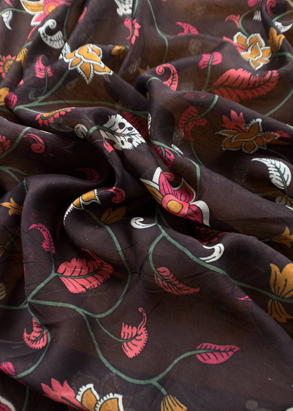 Caramel And Brown Kalamkari Print Pure Maheshwari Silk Suit With Banarasi Phool Bootis
