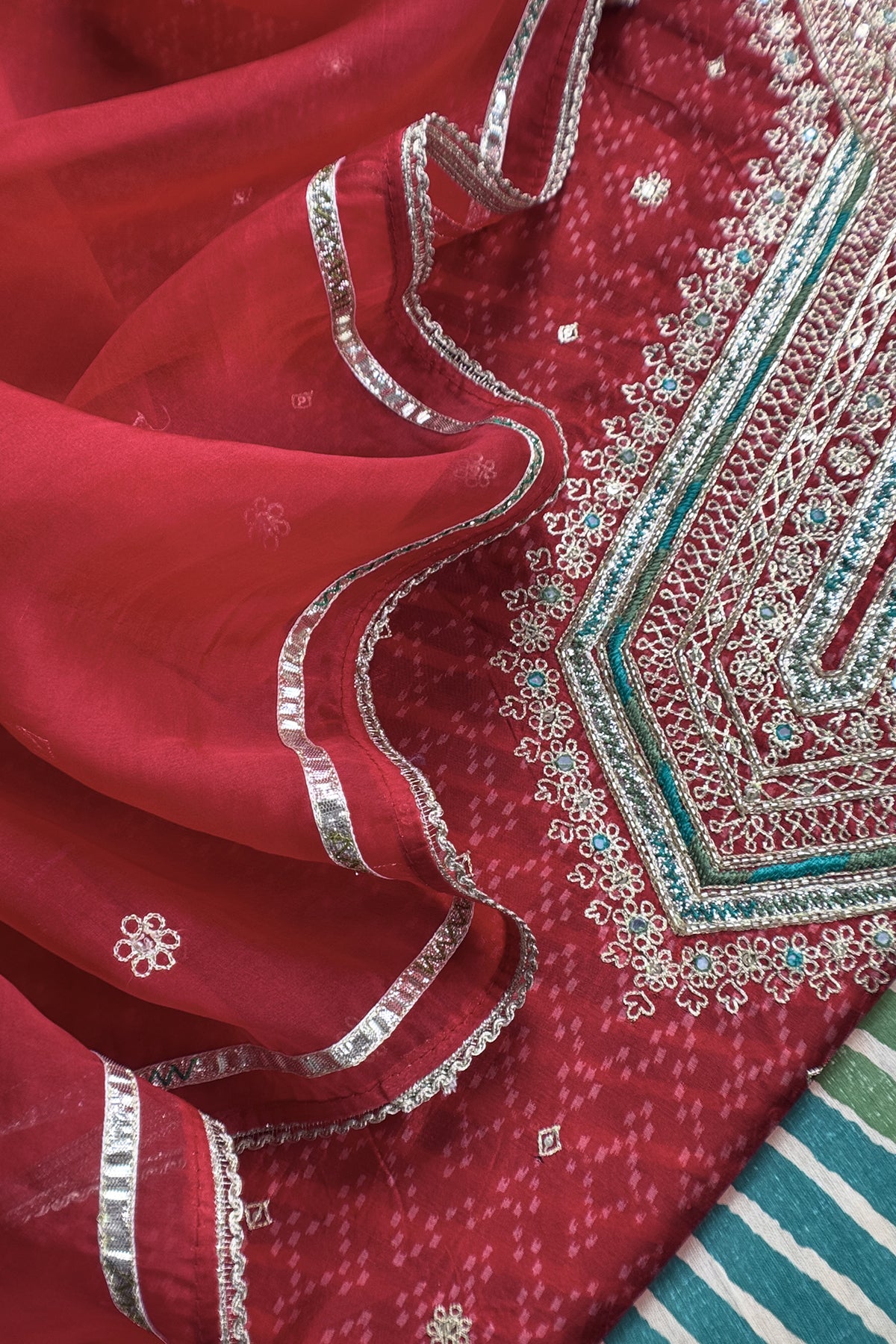 Red Pure Silk Ikkat Print Unstitched Suit With Dori And Gotapatti Hand Work