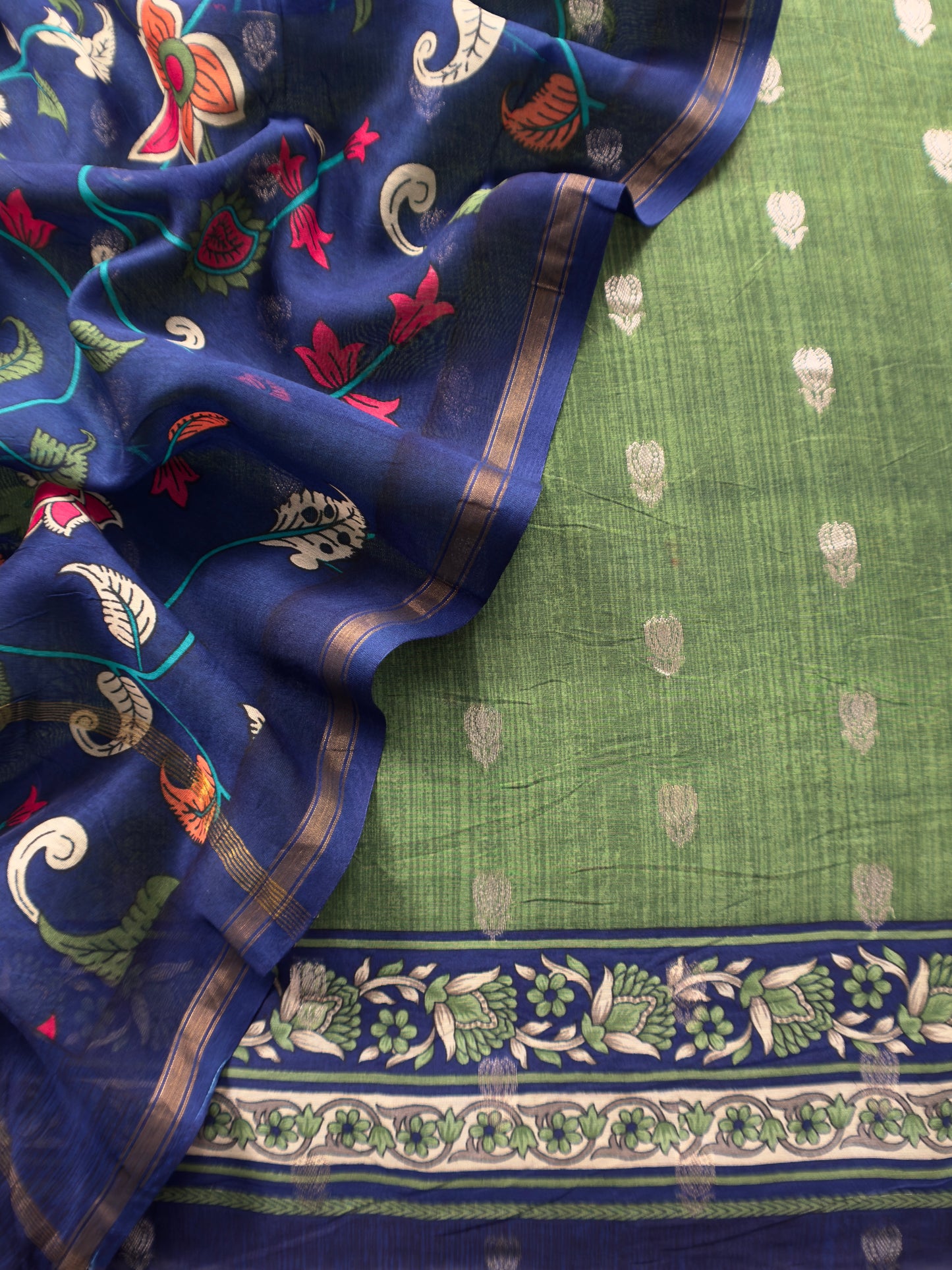 Green And Blue Kalamkari Print Pure Maheshwari Silk Suit With Banarasi Phool Bootis