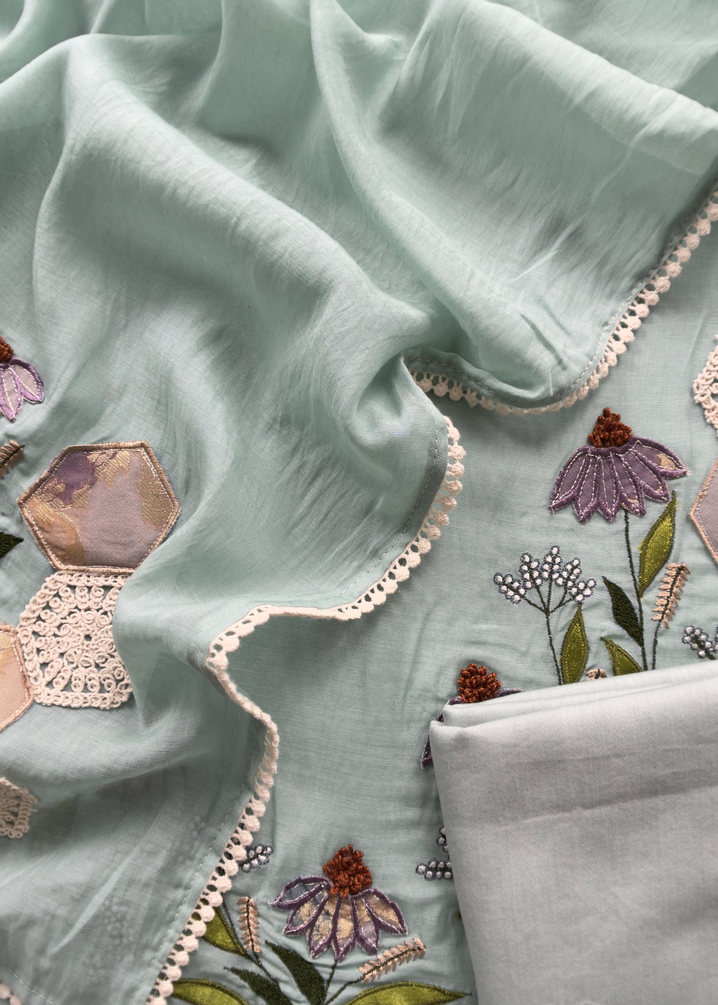 Blue Mul Summer Suit With Appliqué Work
