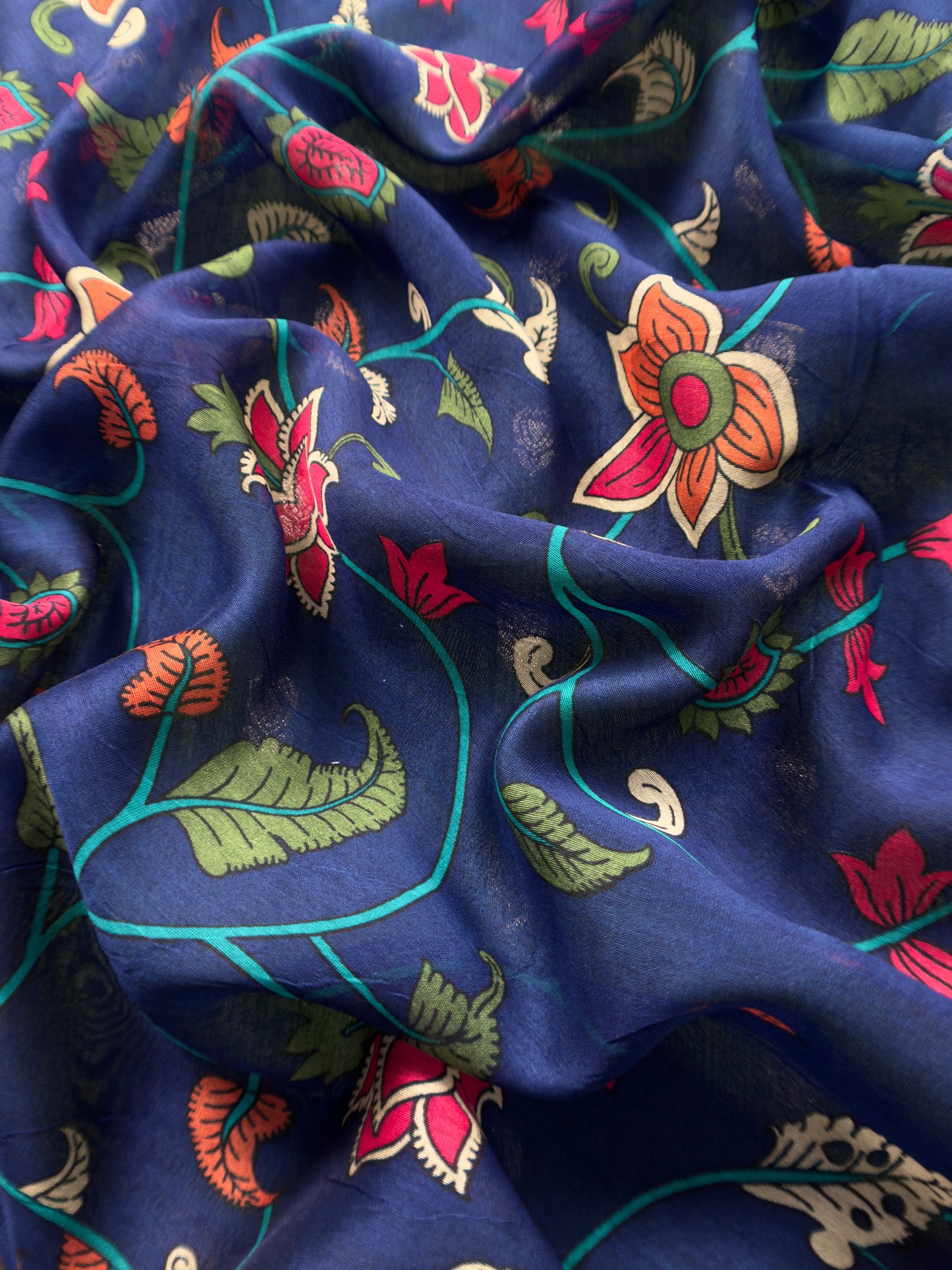 Green And Blue Kalamkari Print Pure Maheshwari Silk Suit With Banarasi Phool Bootis