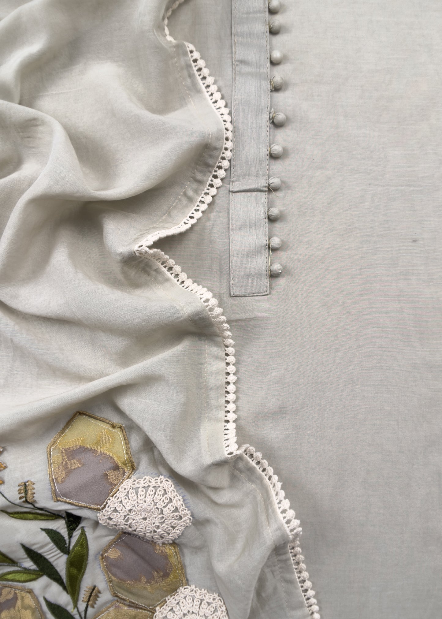 Sage Green Mul Summer Suit With Appliqué Work