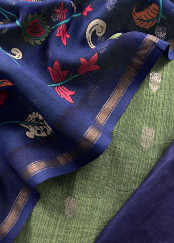 Green And Blue Kalamkari Print Pure Maheshwari Silk Suit With Banarasi Phool Bootis