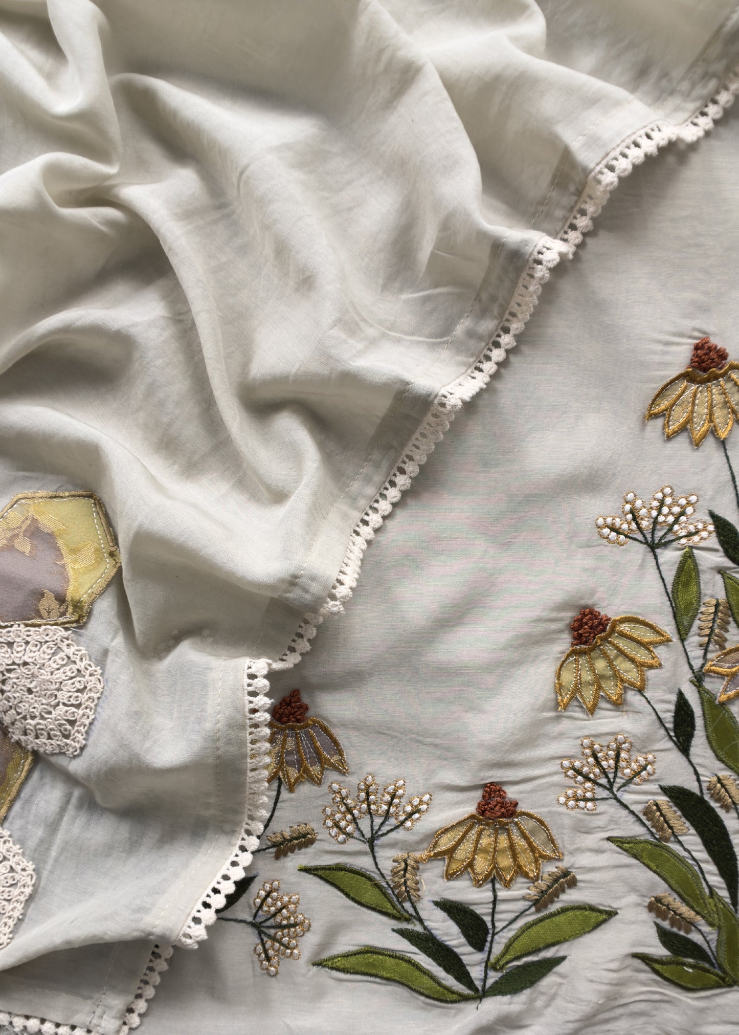 Sage Green Mul Summer Suit With Appliqué Work