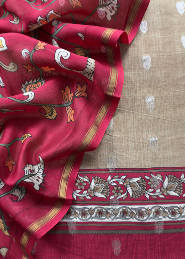 Desert Brown And Red Kalamkari Print Pure Maheshwari Silk Suit With Banarasi Phool Bootis