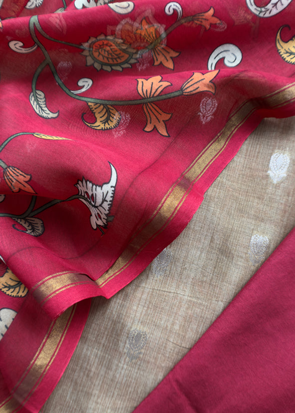 Desert Brown And Red Kalamkari Print Pure Maheshwari Silk Suit With Banarasi Phool Bootis