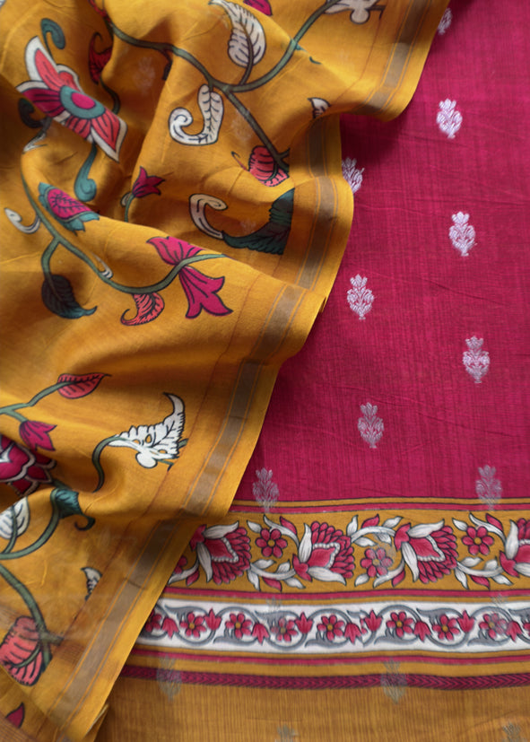 Mustard And Red Kalamkari Print Pure Maheshwari Silk Suit With Banarasi Phool Bootis