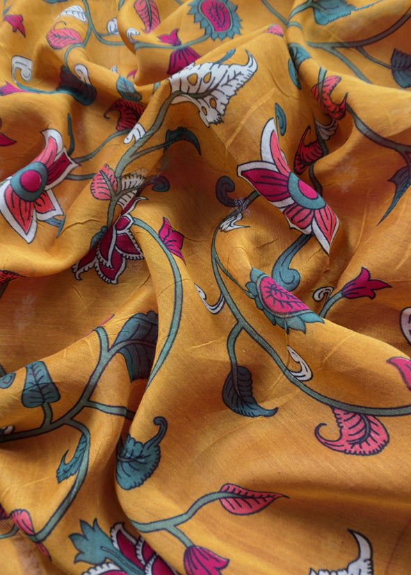 Mustard And Red Kalamkari Print Pure Maheshwari Silk Suit With Banarasi Phool Bootis