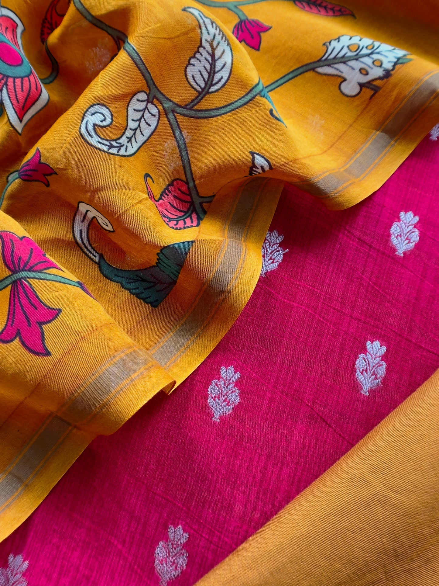 Mustard And Red Kalamkari Print Pure Maheshwari Silk Suit With Banarasi Phool Bootis