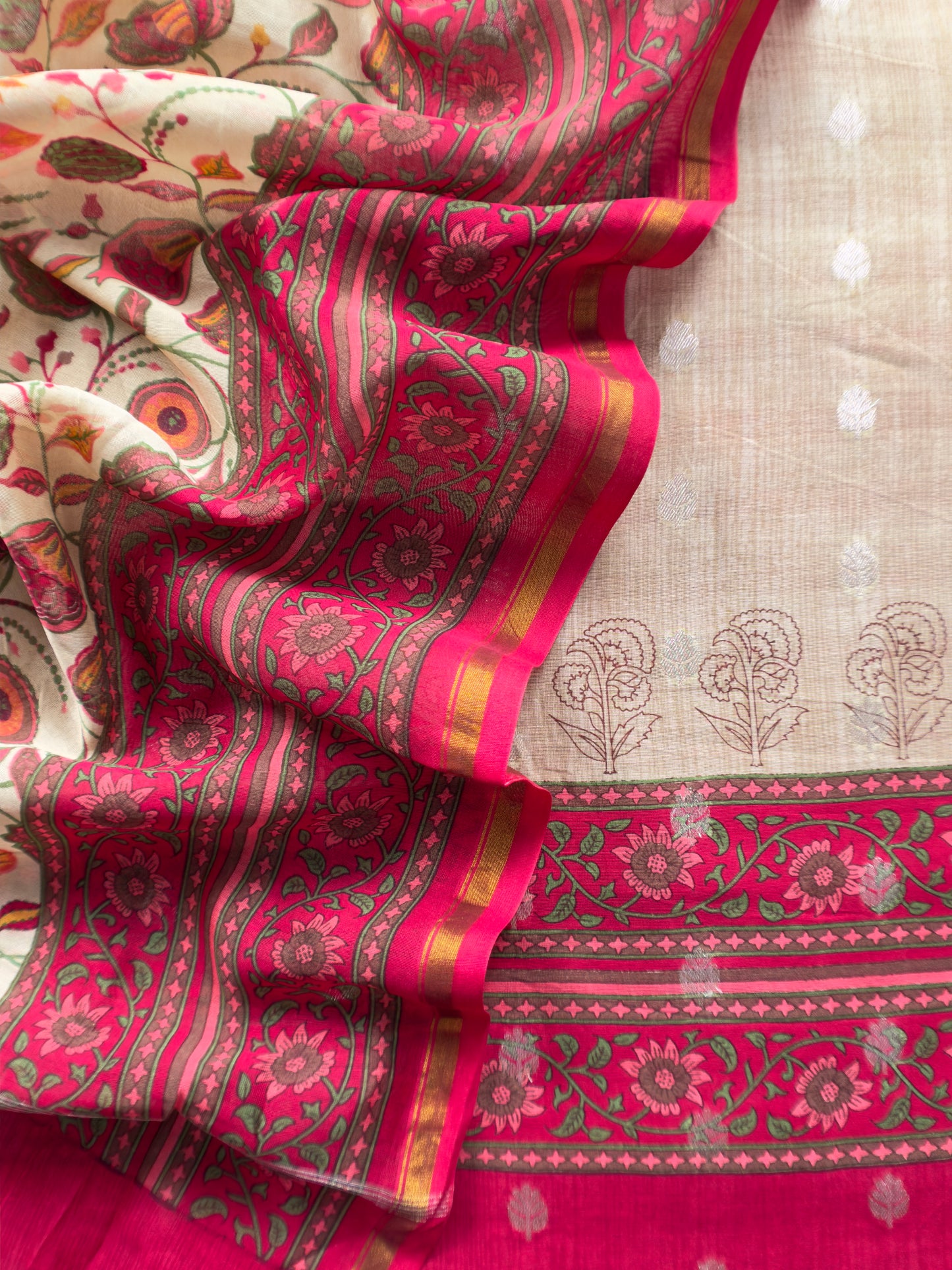 Beige And Wine Pure Maheshwari Silk Unstitched Suit Fabric With Banarasi Bootis And Kalamkari Print