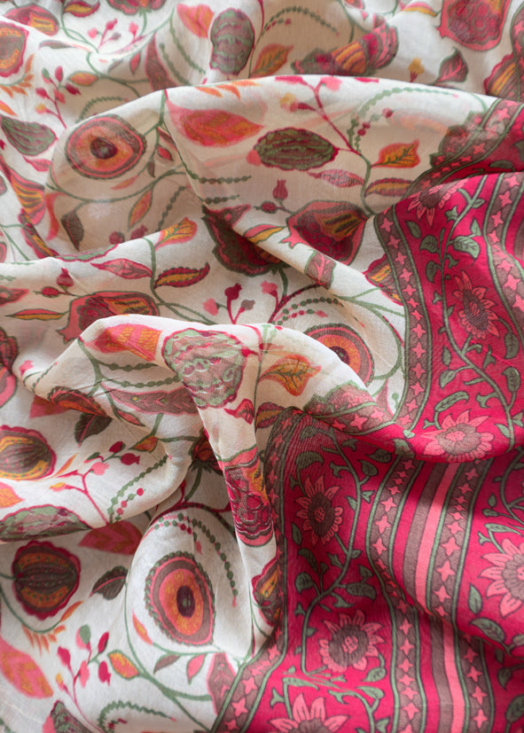 Beige And Wine Pure Maheshwari Silk Unstitched Suit Fabric With Banarasi Bootis And Kalamkari Print
