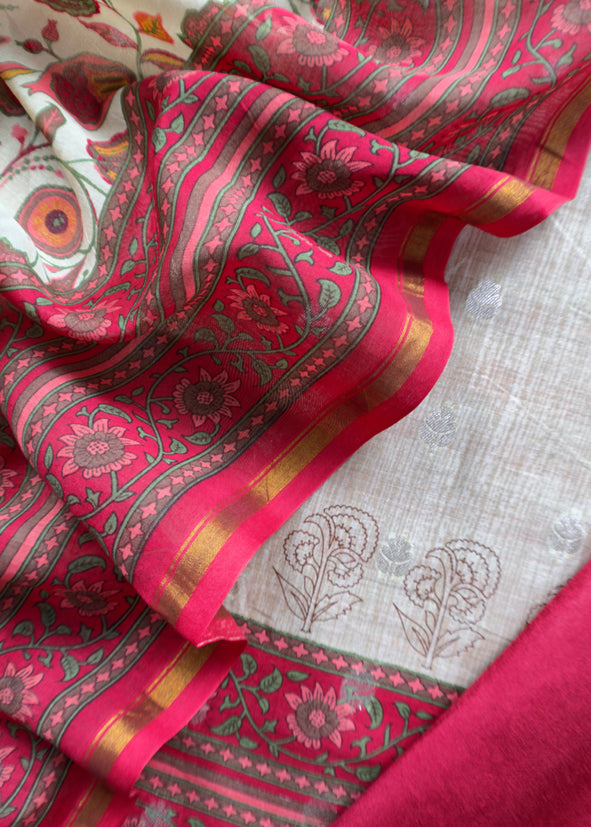 Beige And Wine Pure Maheshwari Silk Unstitched Suit Fabric With Banarasi Bootis And Kalamkari Print