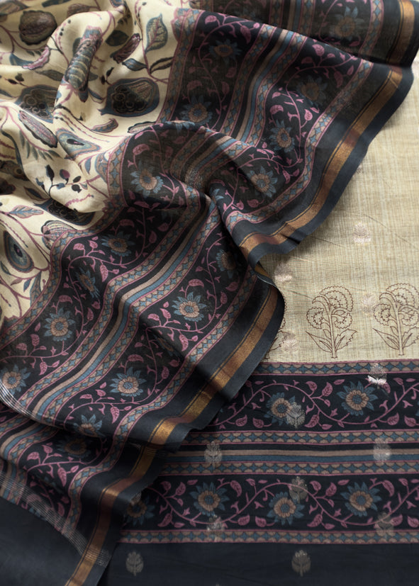 Beige And Black Pure Maheshwari Silk Unstitched Suit Fabric With Banarasi Bootis And Kalamkari Print