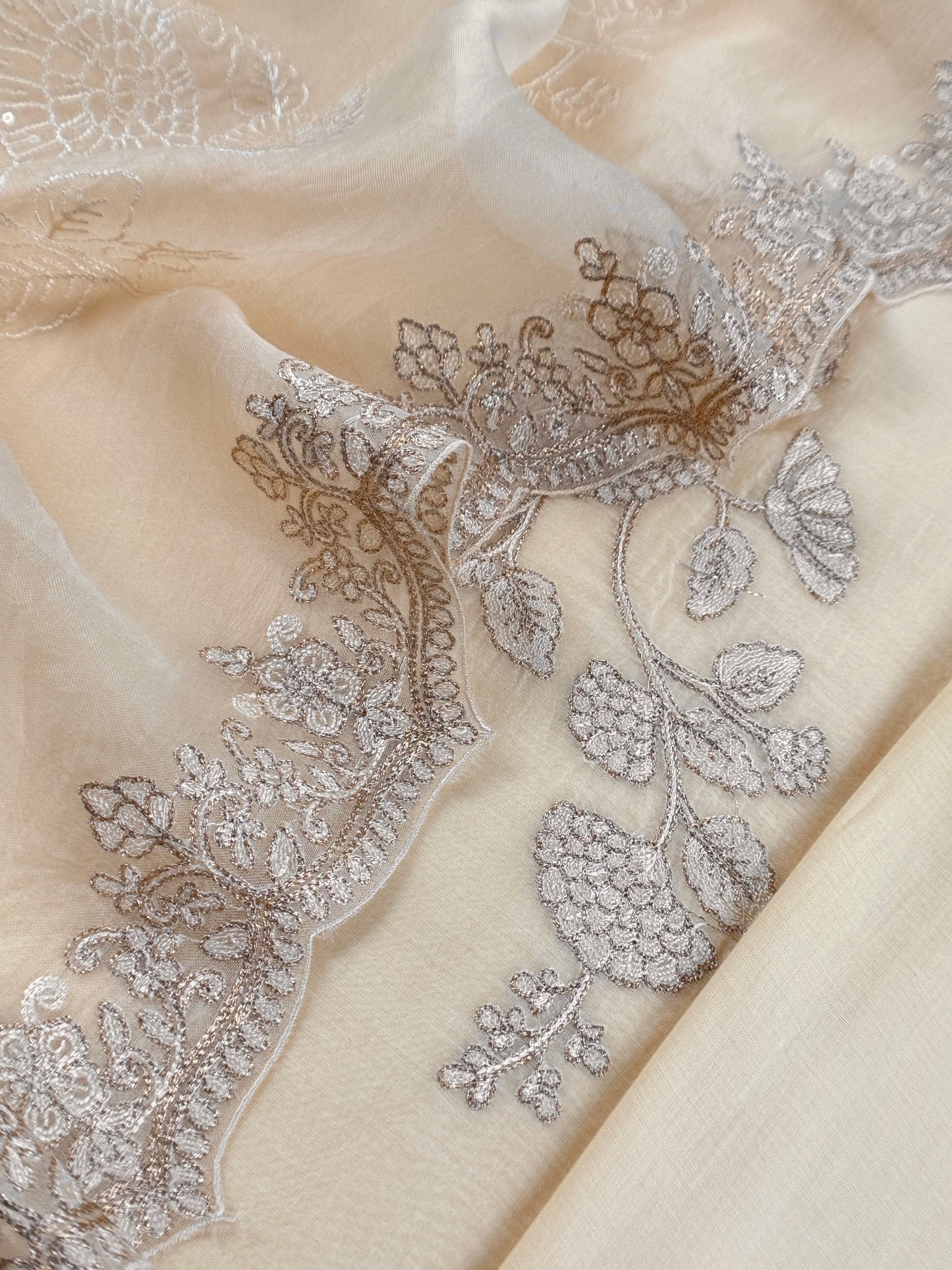 Off White Pure Mulmul Suit With Organza Dupatta