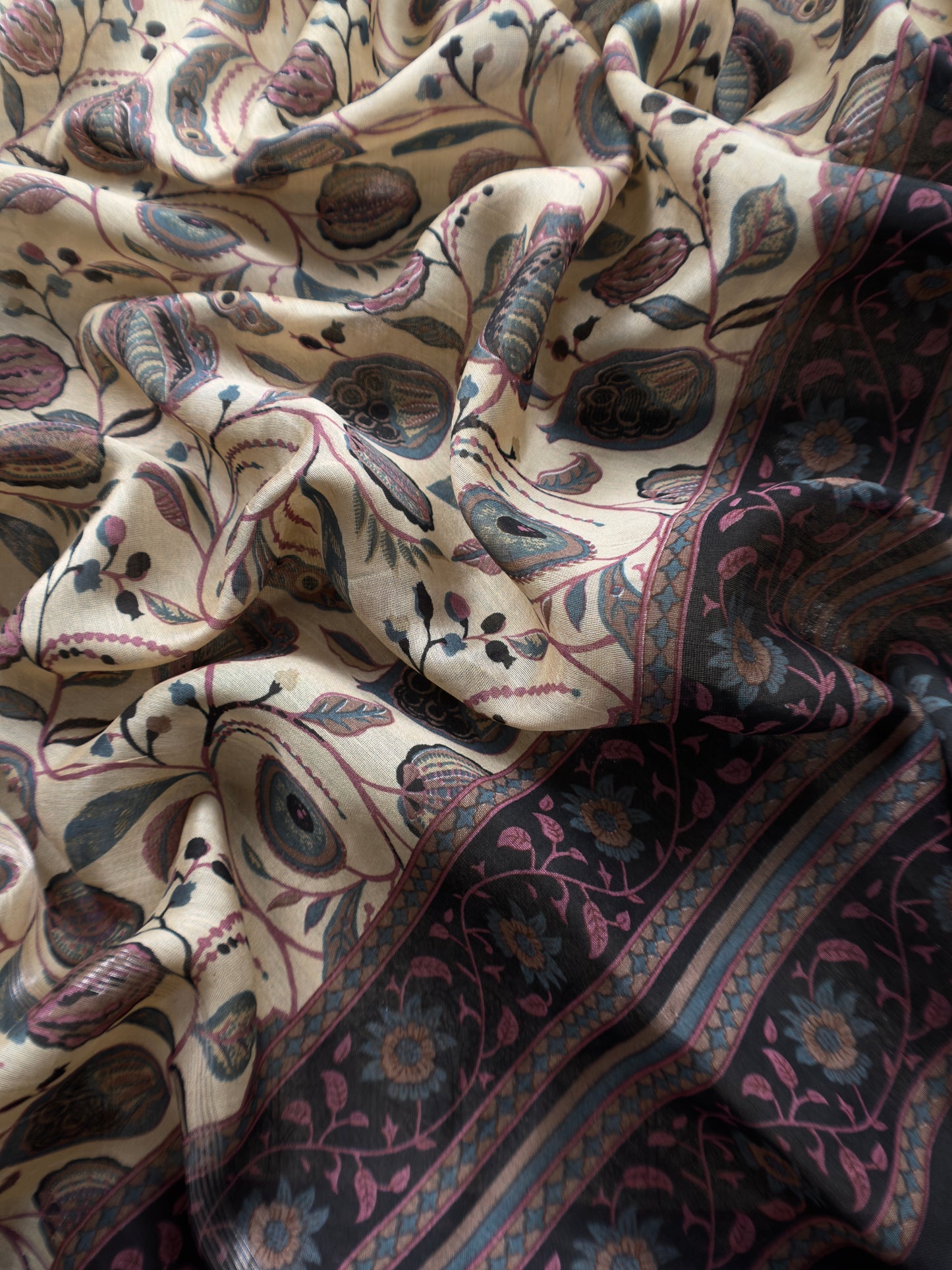 Beige And Black Pure Maheshwari Silk Unstitched Suit Fabric With Banarasi Bootis And Kalamkari Print