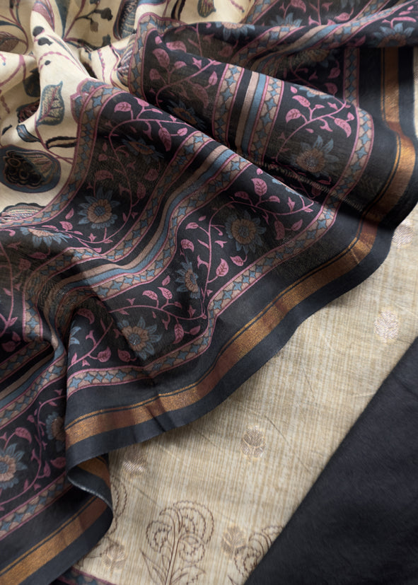 Beige And Black Pure Maheshwari Silk Unstitched Suit Fabric With Banarasi Bootis And Kalamkari Print