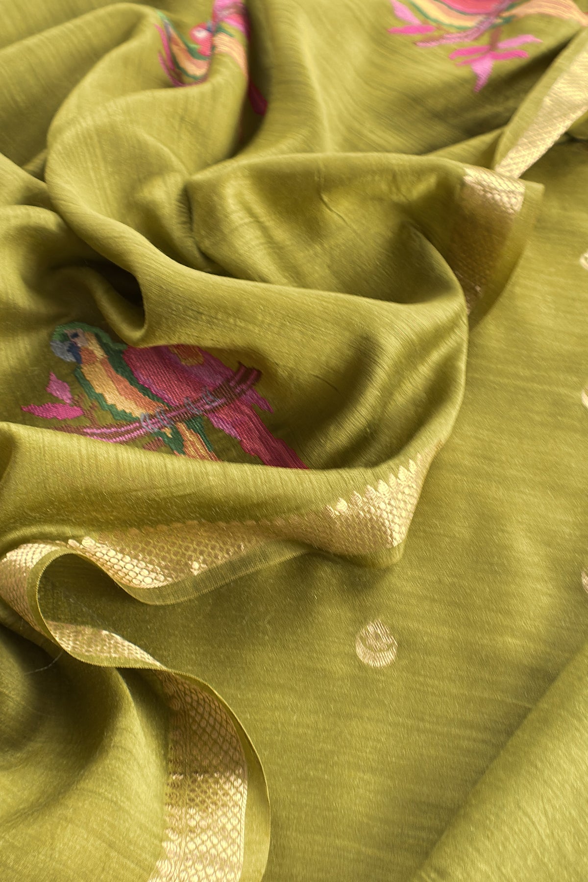 Parrot Green Handloom Unstitched Tussar Suit With Dupatta