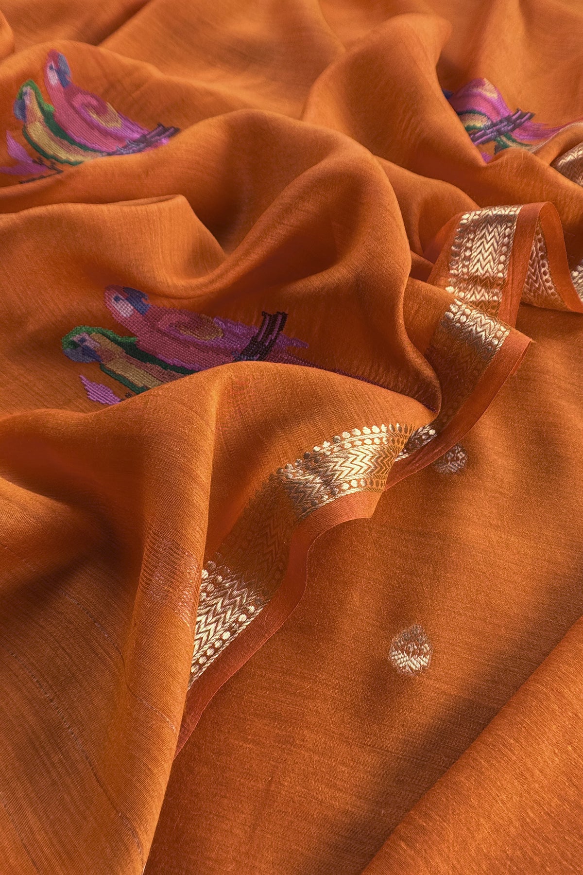 Orange Handloom Unstitched Tussar Suit With Dupatta