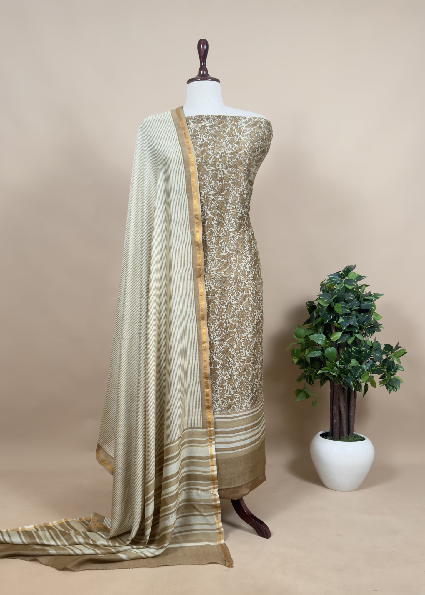Beige With Brown Geometric Maheshwari Silk Suit With Stripes Dupatta