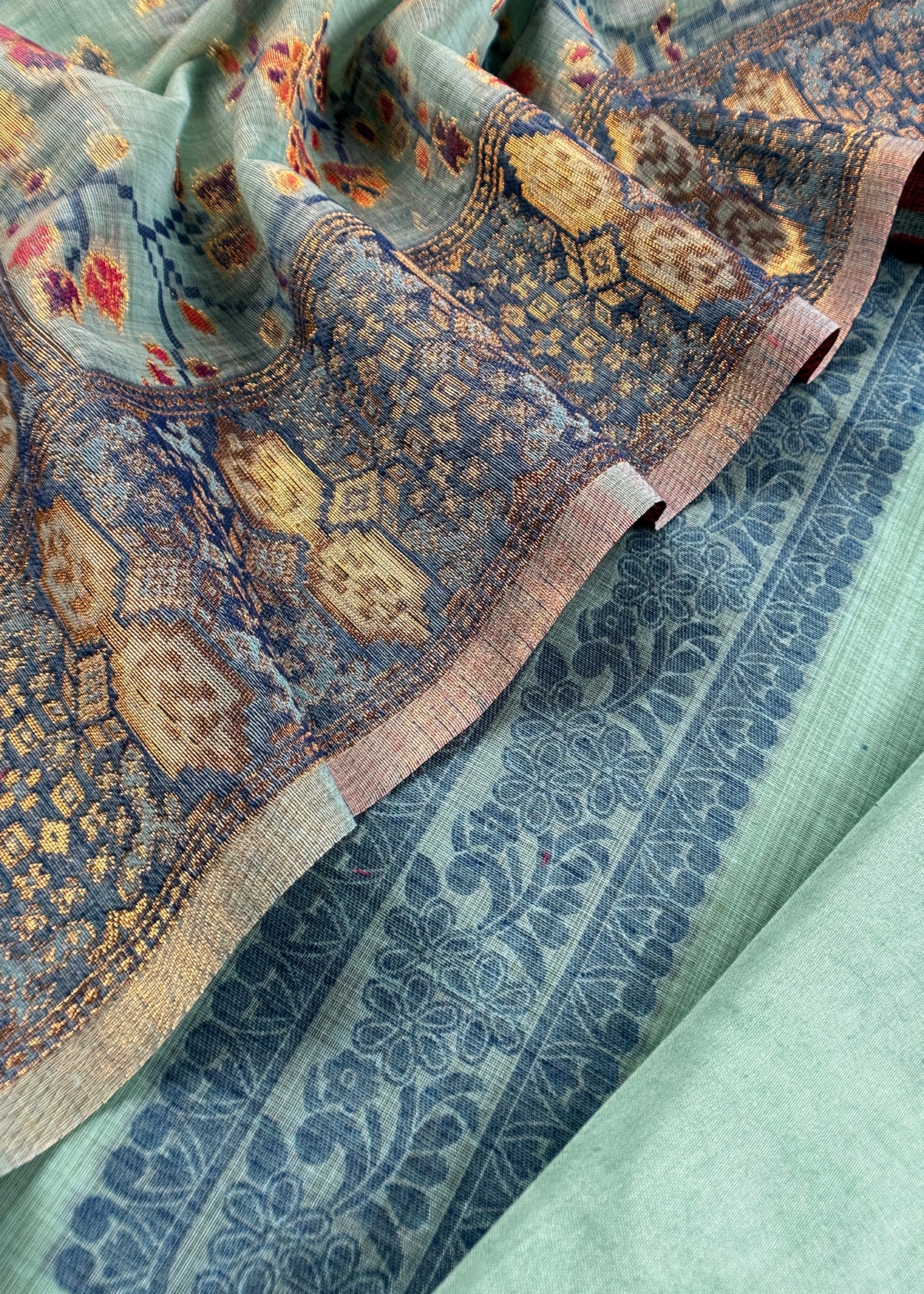Turquoise Linen Chanderi Suit With Floral Jamdani Weaving
