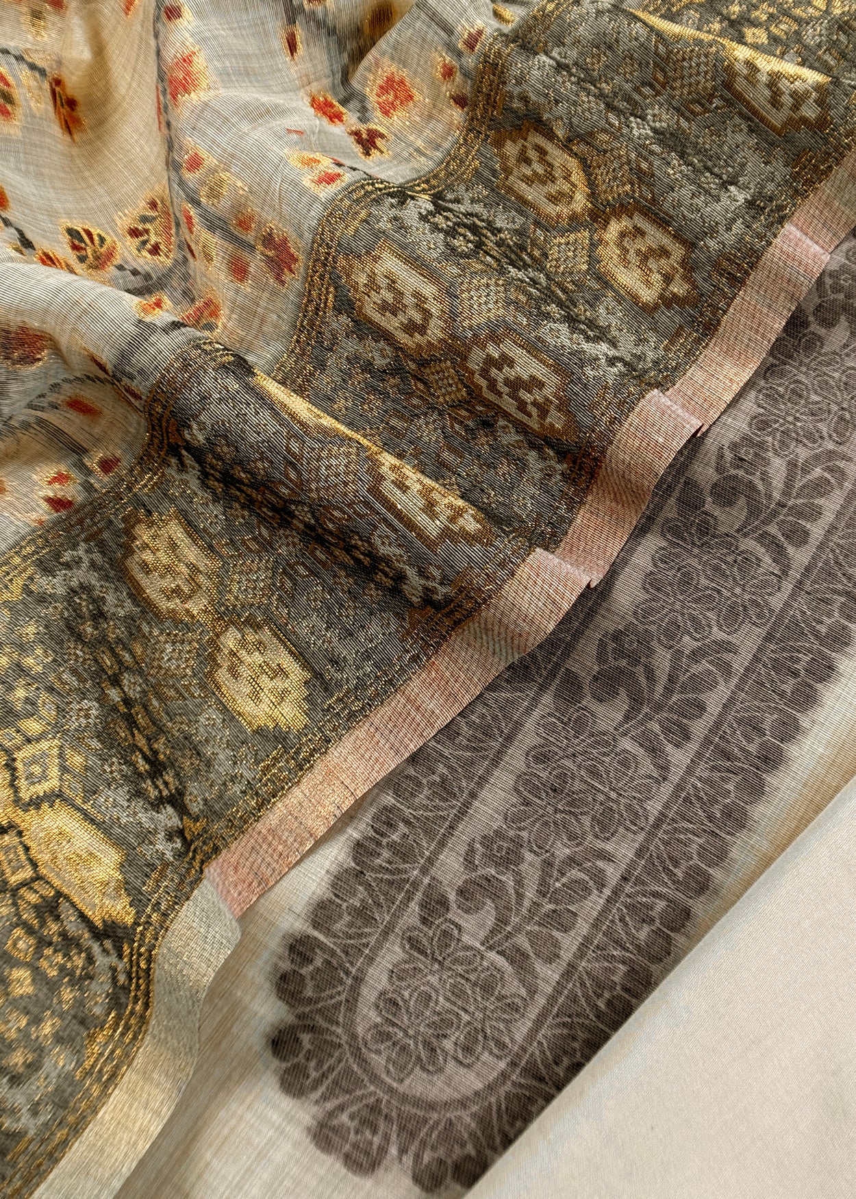 Beige Linen Chanderi Suit With Floral Jamdani Weaving