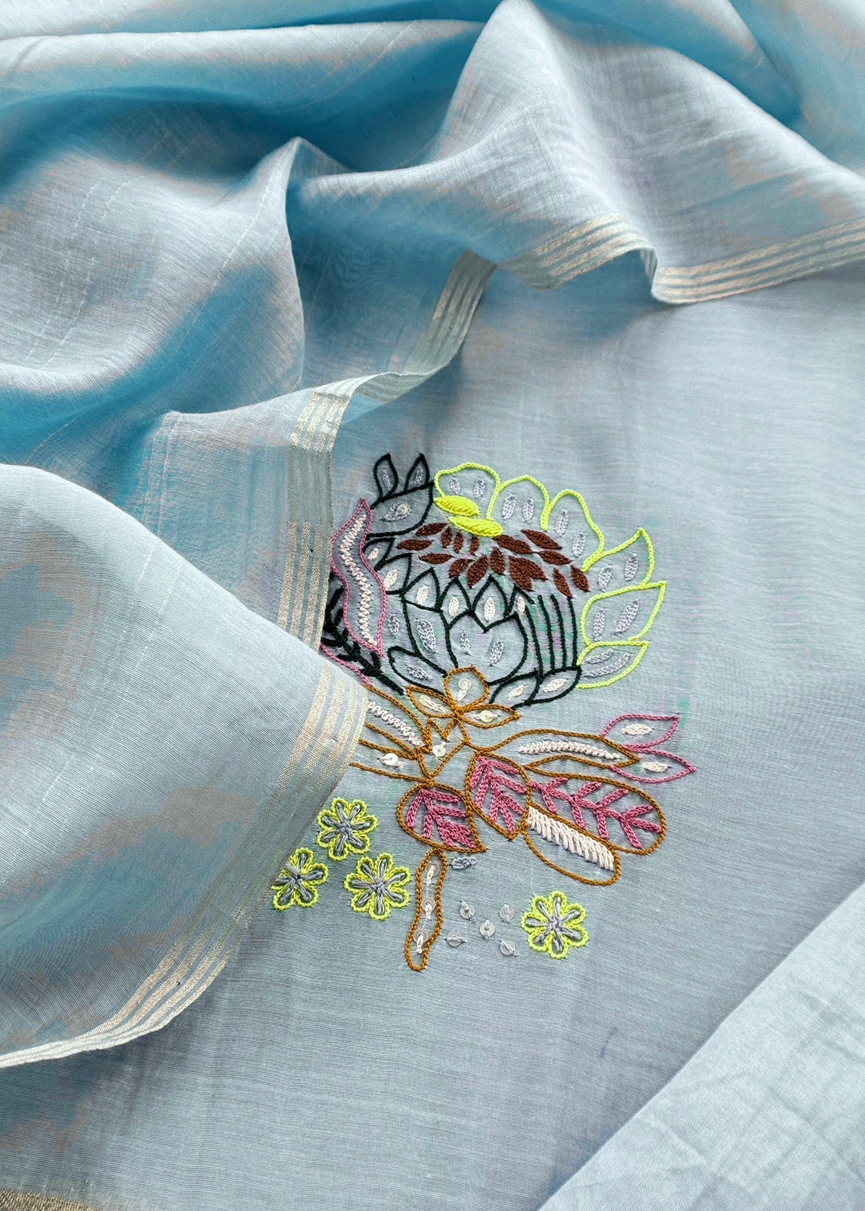 Light Blue Handloom Mul Unstitched Suit Fabric With Parsi Hand Embroidery And Jamdani Weaving