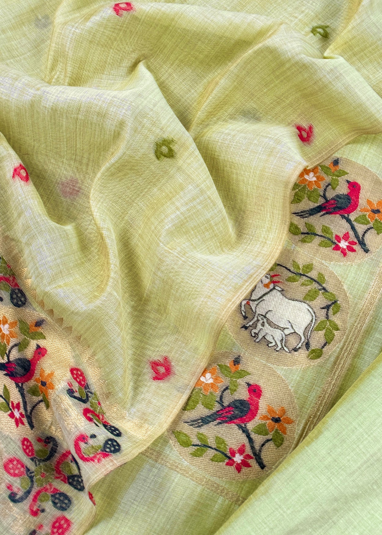 Green Linen Chanderi Suit With Cow Pichwai Jamdani Weaving