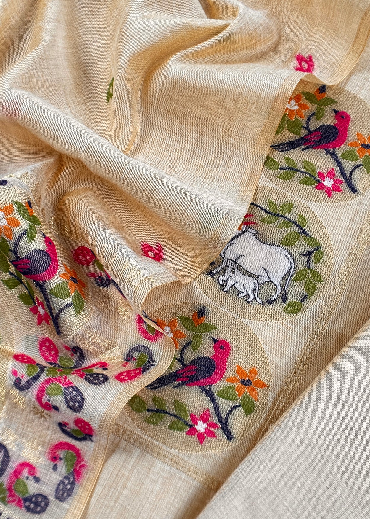 Beige Linen Chanderi Suit With Cow Pichwai Jamdani Weaving