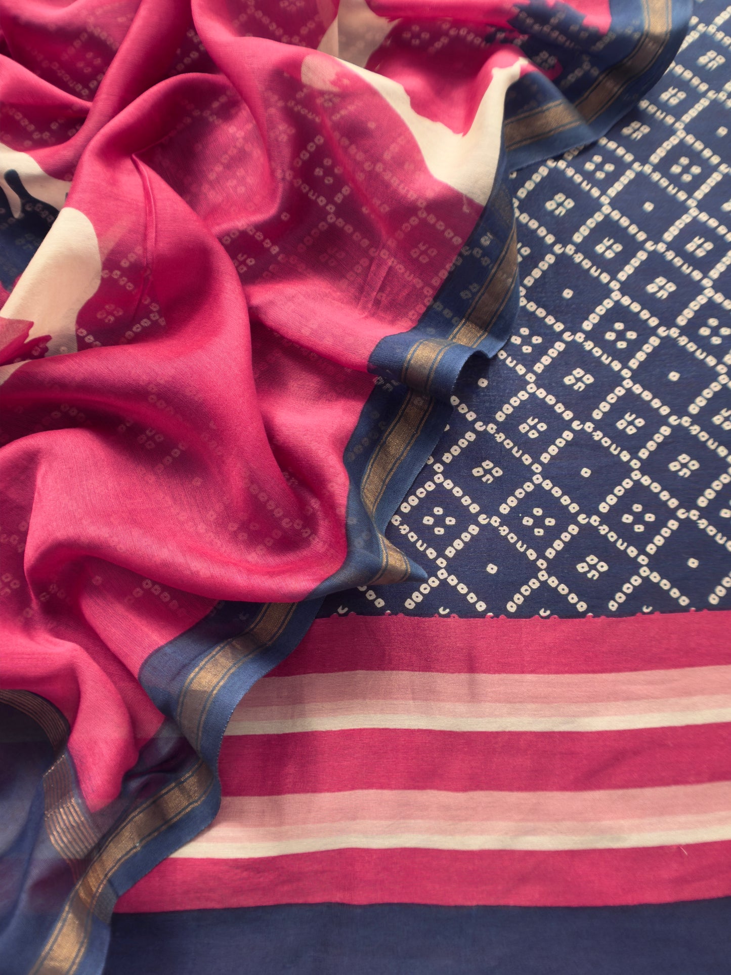 Navy Blue Bandhani Maheshwari Silk Suit With Dupatta