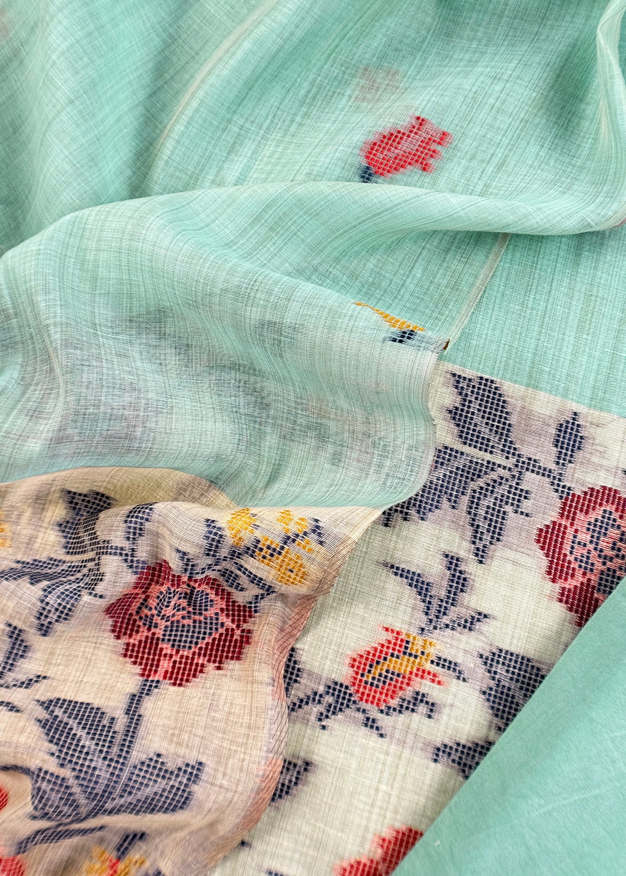 Mint Green Linen Chanderi Suit With Jamdani Weaving