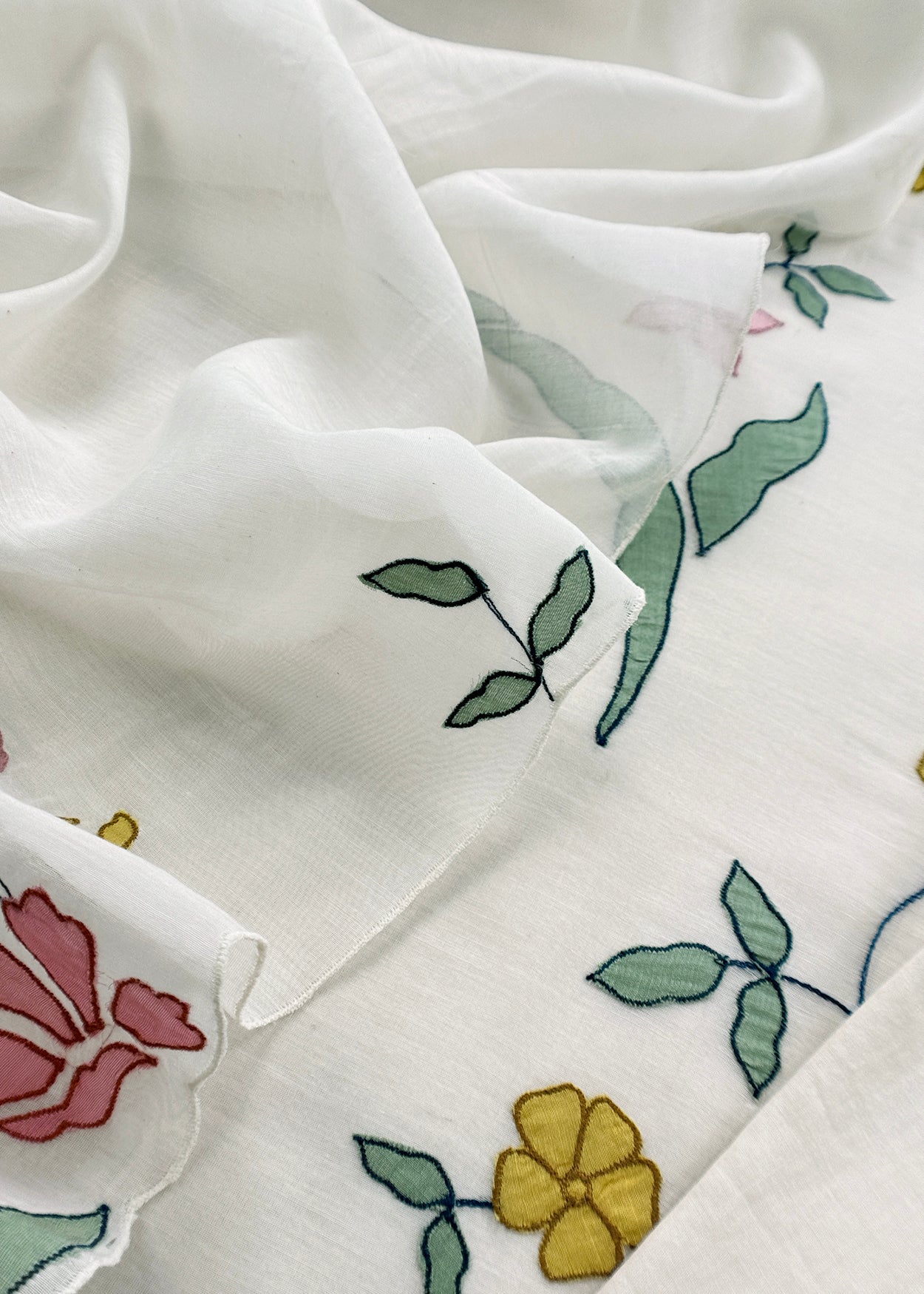 White Pure Mulmul Suit Fabric With Appliqué Work