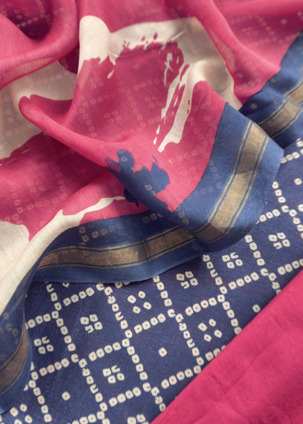 Navy Blue Bandhani Maheshwari Silk Suit With Dupatta