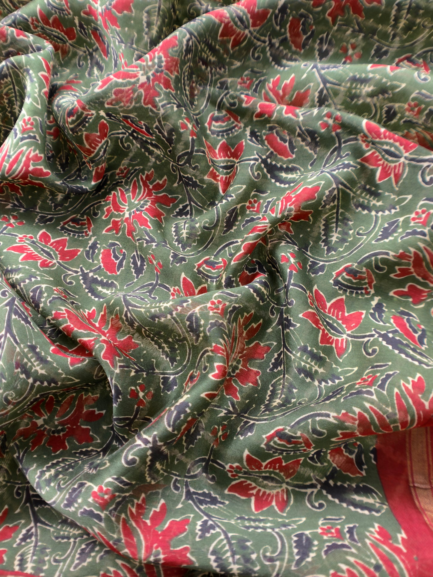Fern Green And Red Ajrakh And Leheriya Handloom Maheshwari Silk Suit Fabric