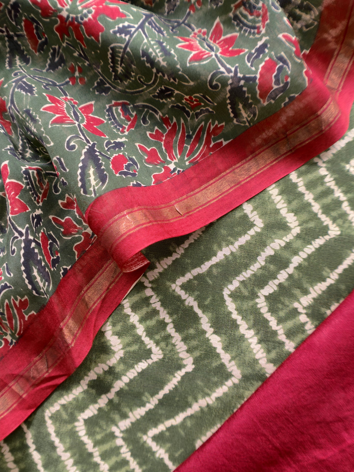 Fern Green And Red Ajrakh And Leheriya Handloom Maheshwari Silk Suit Fabric