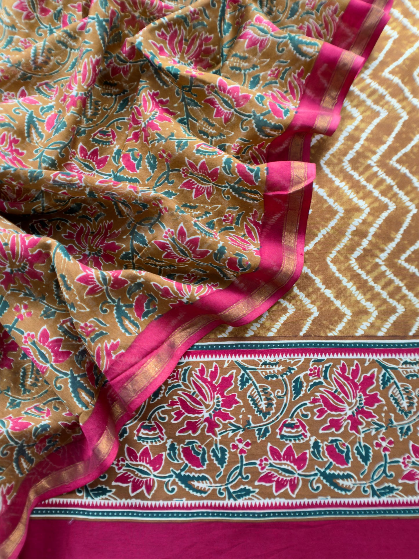 Peanut Brown And Red Ajrakh And Leheriya Handloom Maheshwari Silk Suit Fabric