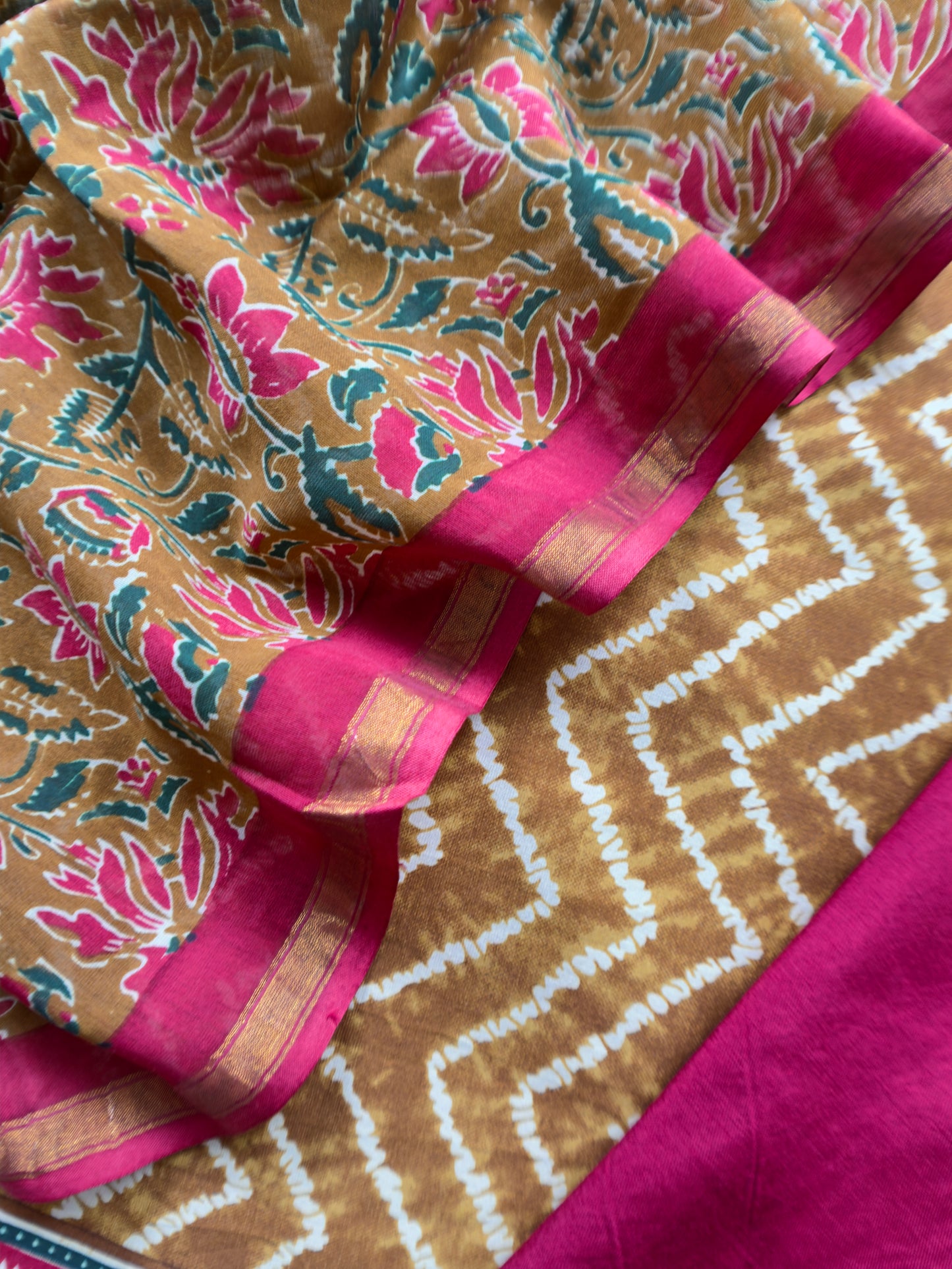 Peanut Brown And Red Ajrakh And Leheriya Handloom Maheshwari Silk Suit Fabric