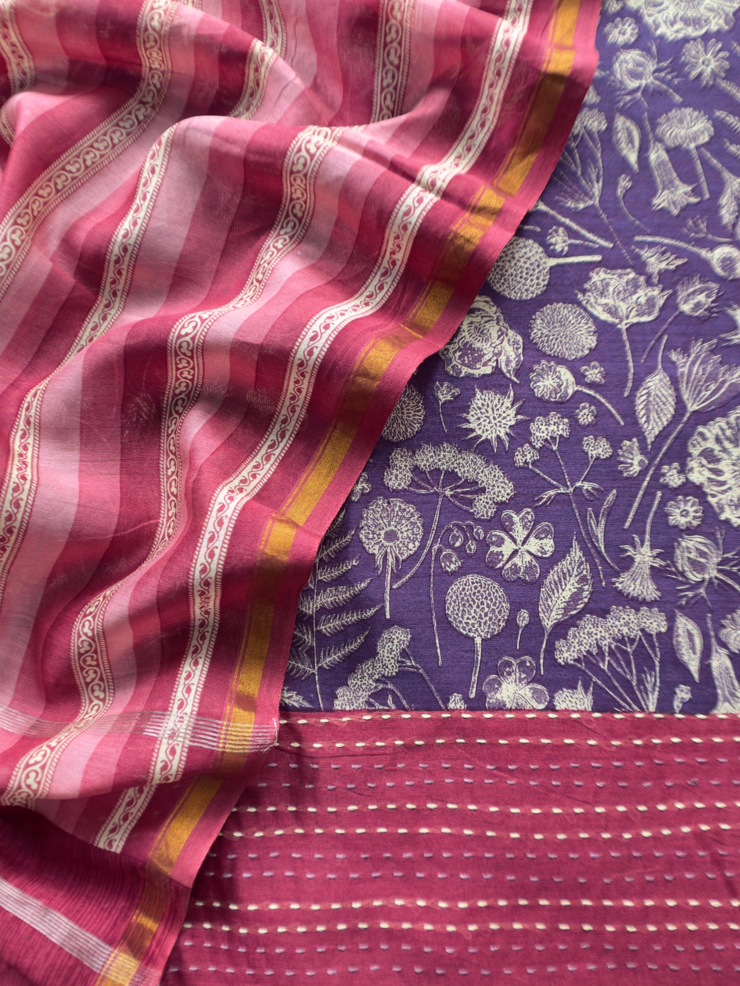 Purple And Red Block Print Handloom Maheshwari Silk Suit With Kantha Work