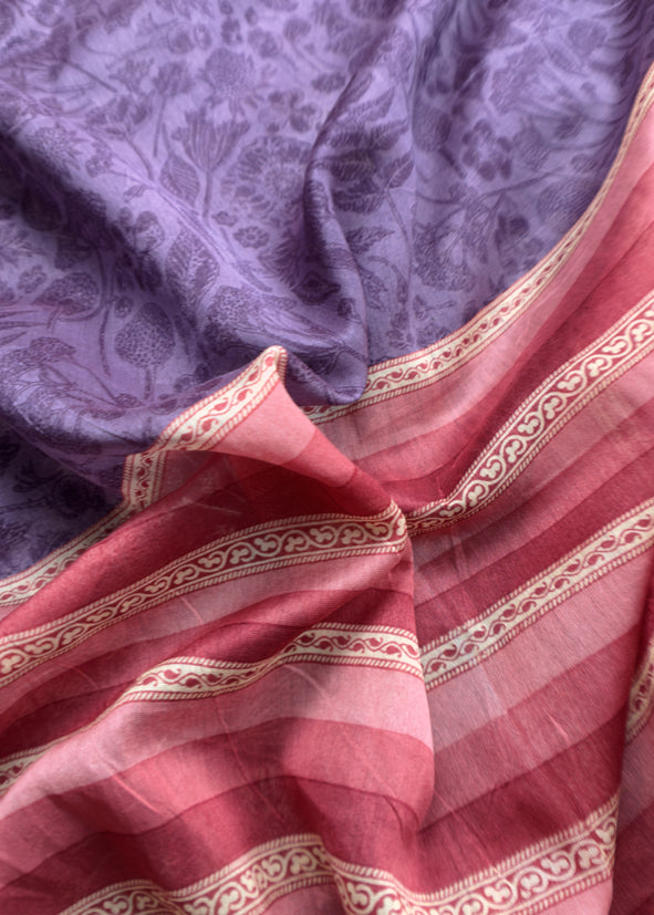 Purple And Red Block Print Handloom Maheshwari Silk Suit With Kantha Work
