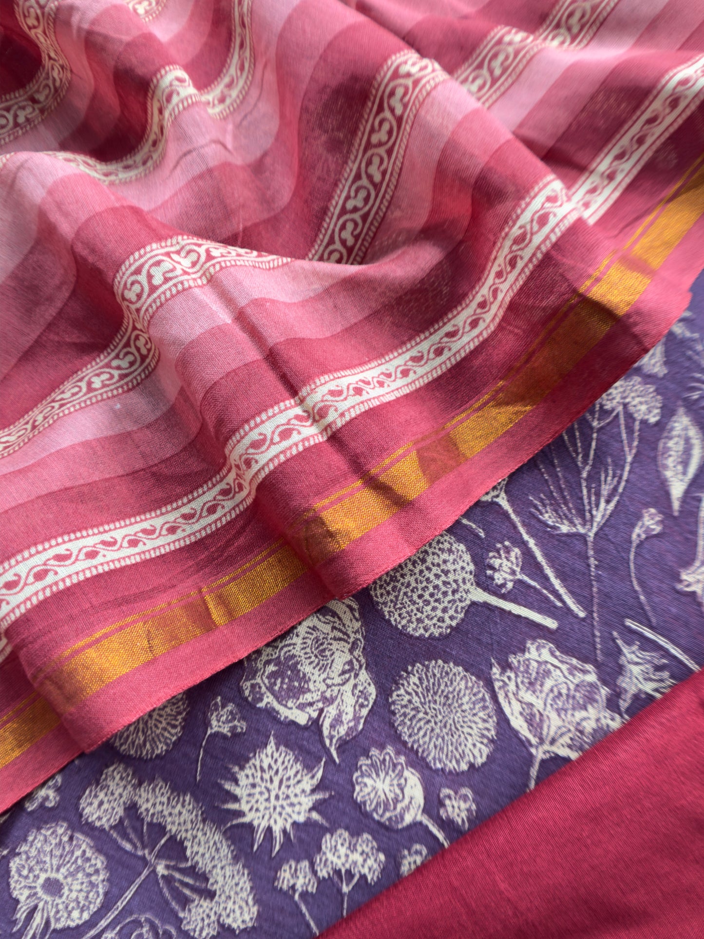 Purple And Red Block Print Handloom Maheshwari Silk Suit With Kantha Work