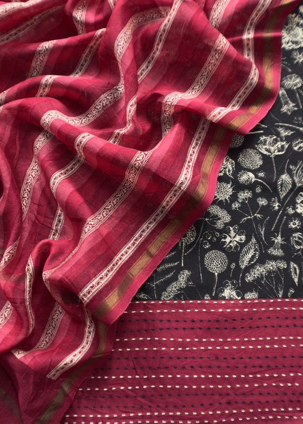Red And Black Block Print Handloom Maheshwari Silk Suit With Kantha Work