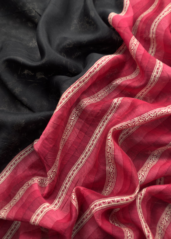 Red And Black Block Print Handloom Maheshwari Silk Suit With Kantha Work