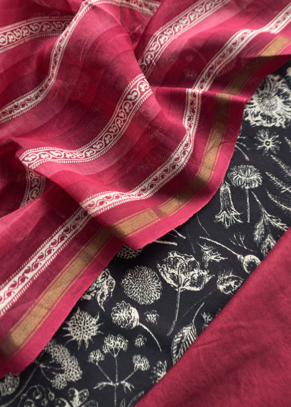 Red And Black Block Print Handloom Maheshwari Silk Suit With Kantha Work